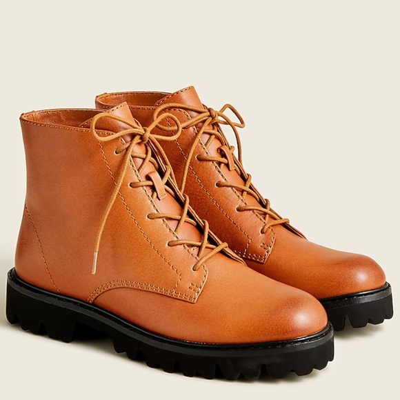 J. Crew GWEN lug-sole lace up  boots in polished leather sz 9 NEW BA553 - Picture 1 of 6